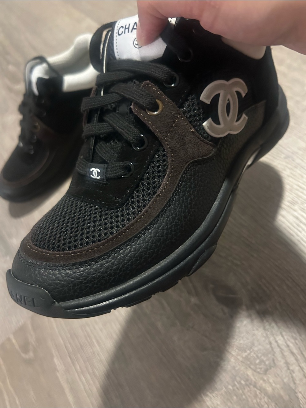 CHANEL Black, White & Brown Logo Sneakers - Picture 11 of 12